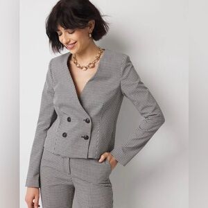 WHBM Double-Breasted Gingham Cropped Jacket Black/White Size 6